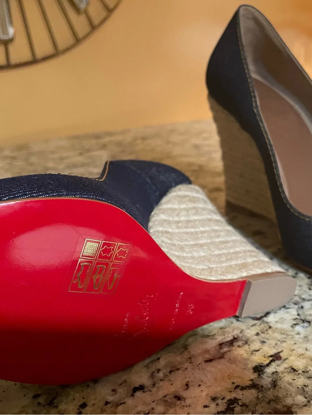 Christian Louboutin Navy Denim Pointed-Toe Pumps with Red Sole